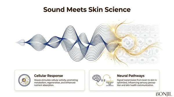 Infographic illustrating sound waves interacting with skin cells, highlighting cellular response and neural pathways in acoustic neurocosmetics