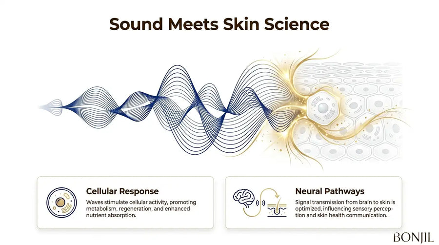Infographic illustrating sound waves interacting with skin cells, highlighting cellular response and neural pathways in acoustic neurocosmetics