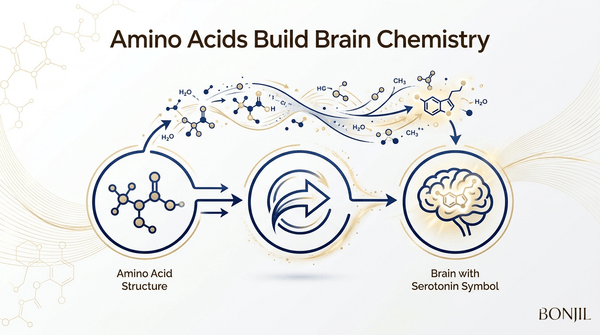 Amino acids build brain chemistry diagram showing amino acid structure converting into serotonin-related brain neurotransmitter support