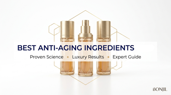 Best anti-aging ingredients blog cover with luxury skincare bottles and expert guide to proven science-based results