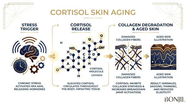 Cortisol skin aging diagram showing chronic stress, cortisol release, collagen degradation, and visible signs of aged skin