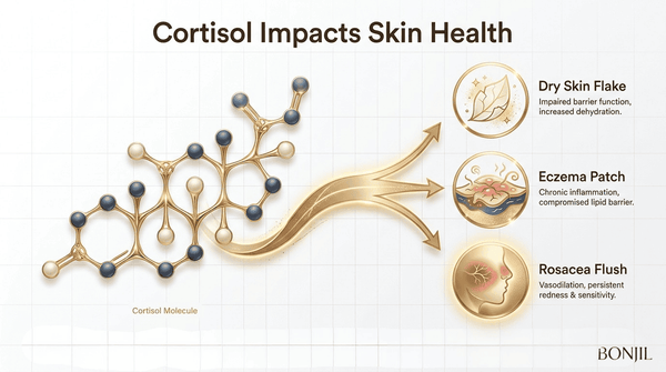 Cortisol molecule diagram showing how high cortisol may contribute to dry skin, eczema flare-ups, rosacea redness, and increased sensitivity.