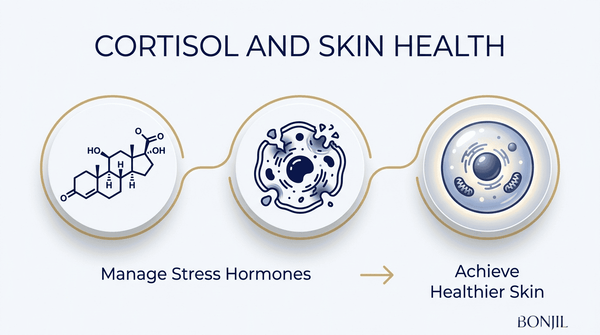 Cortisol and skin health diagram showing how managing stress hormones may support healthier skin cells.