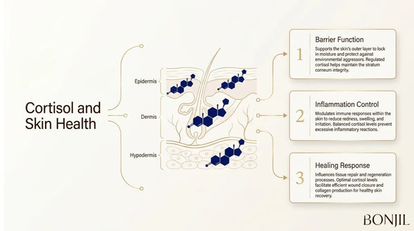 Cortisol and skin health diagram explaining its role in skin barrier function, inflammation control, tissue healing, and regeneration.