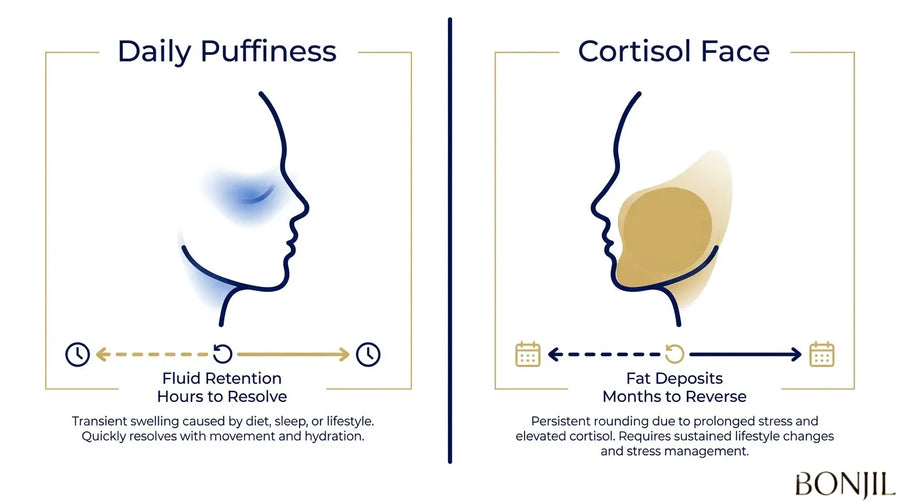 Daily facial puffiness vs cortisol face comparison showing fluid retention and longer-term facial fullness