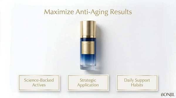 Anti-aging skincare serum highlighting science-backed actives, strategic application, and daily support habits