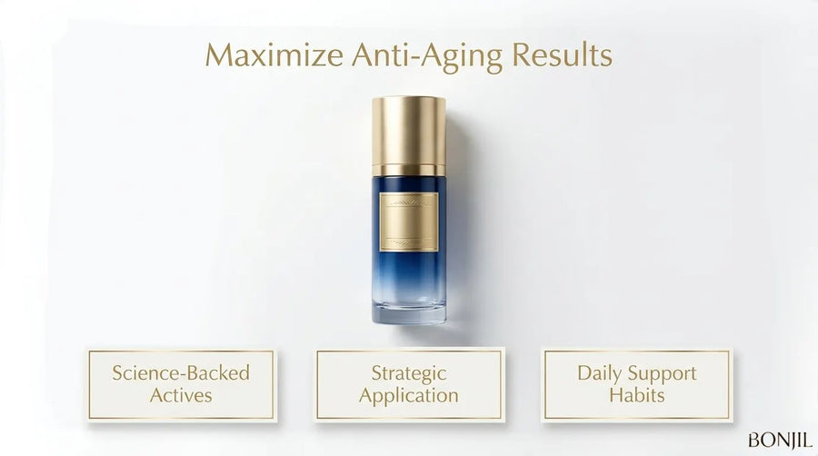 Anti-aging skincare serum highlighting science-backed actives, strategic application, and daily support habits