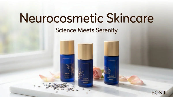 Neurocosmetic skincare products in blue bottles with calming botanicals, illustrating where skincare science meets serenity.
