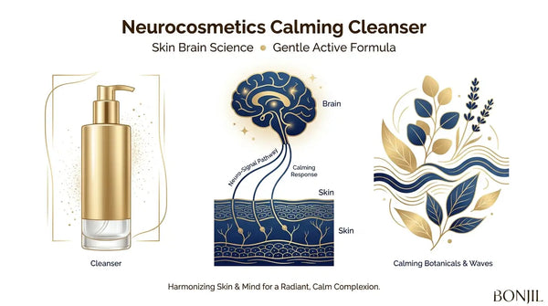 Neurocosmetics calming cleanser with skin-brain pathway illustration and calming botanical ingredients