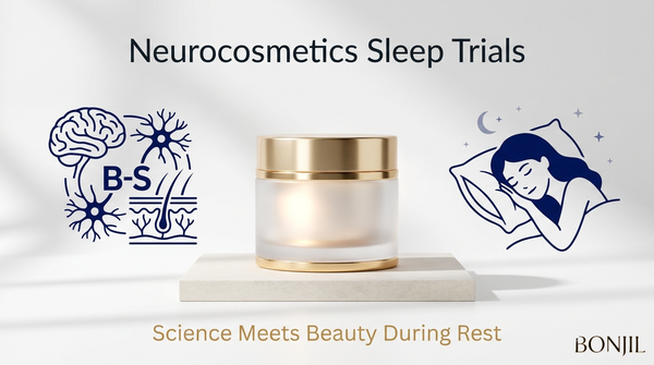 Neurocosmetics sleep trials graphic showing skincare cream, brain-skin connection, and overnight beauty benefits during rest