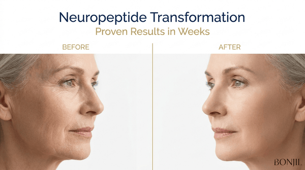 Neuropeptide cream before and after transformation showing visible skin smoothing and anti-aging results in weeks