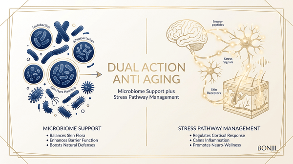 Dual action anti aging skincare infographic showing microbiome support and stress pathway management for healthier skin