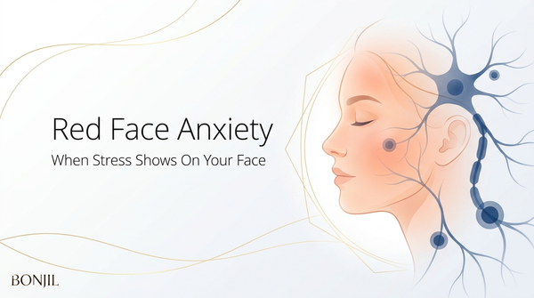 Red face anxiety hero graphic showing facial flushing linked to stress and nervous system response.