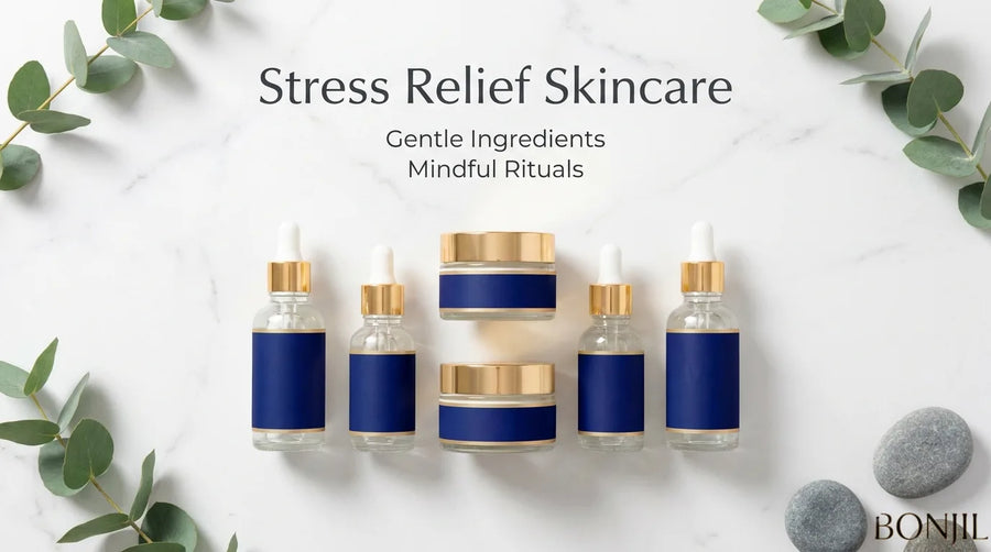 Stress relief skincare products with gentle ingredients and mindful rituals for calming sensitive skin
