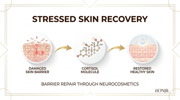 Stressed skin recovery infographic showing damaged skin barrier, cortisol molecule, and restored healthy skin through neurocosmetics.